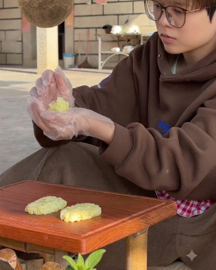 Una persona usando guantes de plástico moldeando una croqueta de papa en una tabla de cortar de madera con croquetas terminadas cerca.