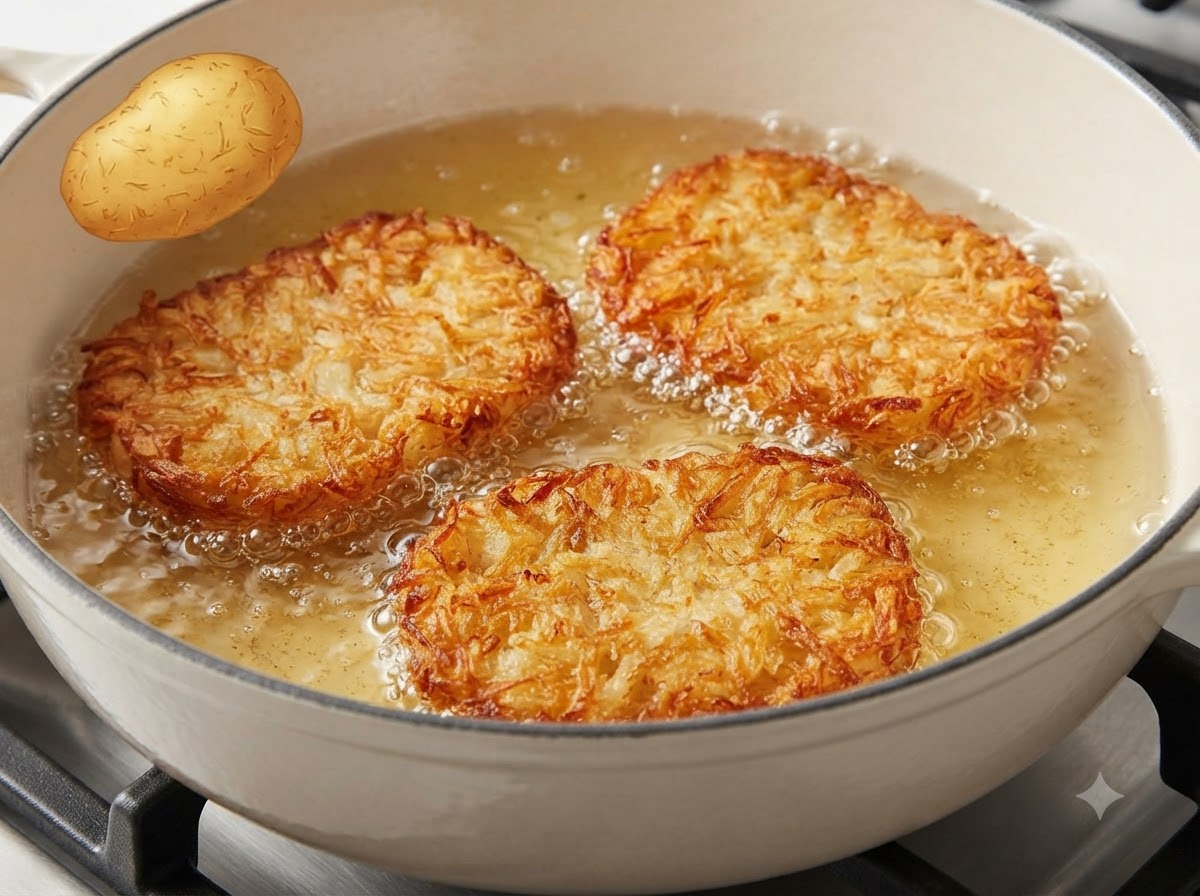 Croquetas de papa doradas siendo retiradas del aceite caliente con pinzas de cocina rojas.