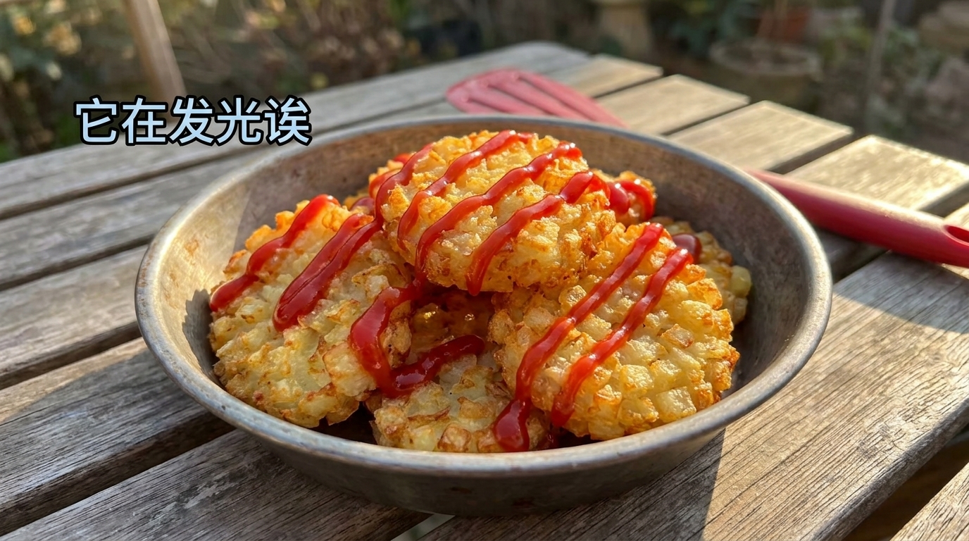 Tortitas de papa caseras doradas rociadas con salsa de tomate brillante, servidas en un tazón de metal sobre una mesa de madera al aire libre.