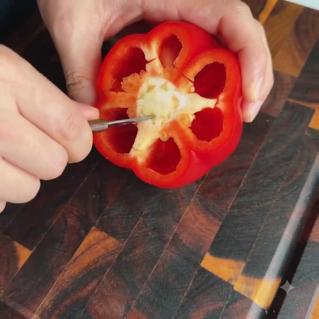 Manos usando un cuchillo pequeño para limpiar las semillas y las membranas blancas del interior de un pimiento rojo.