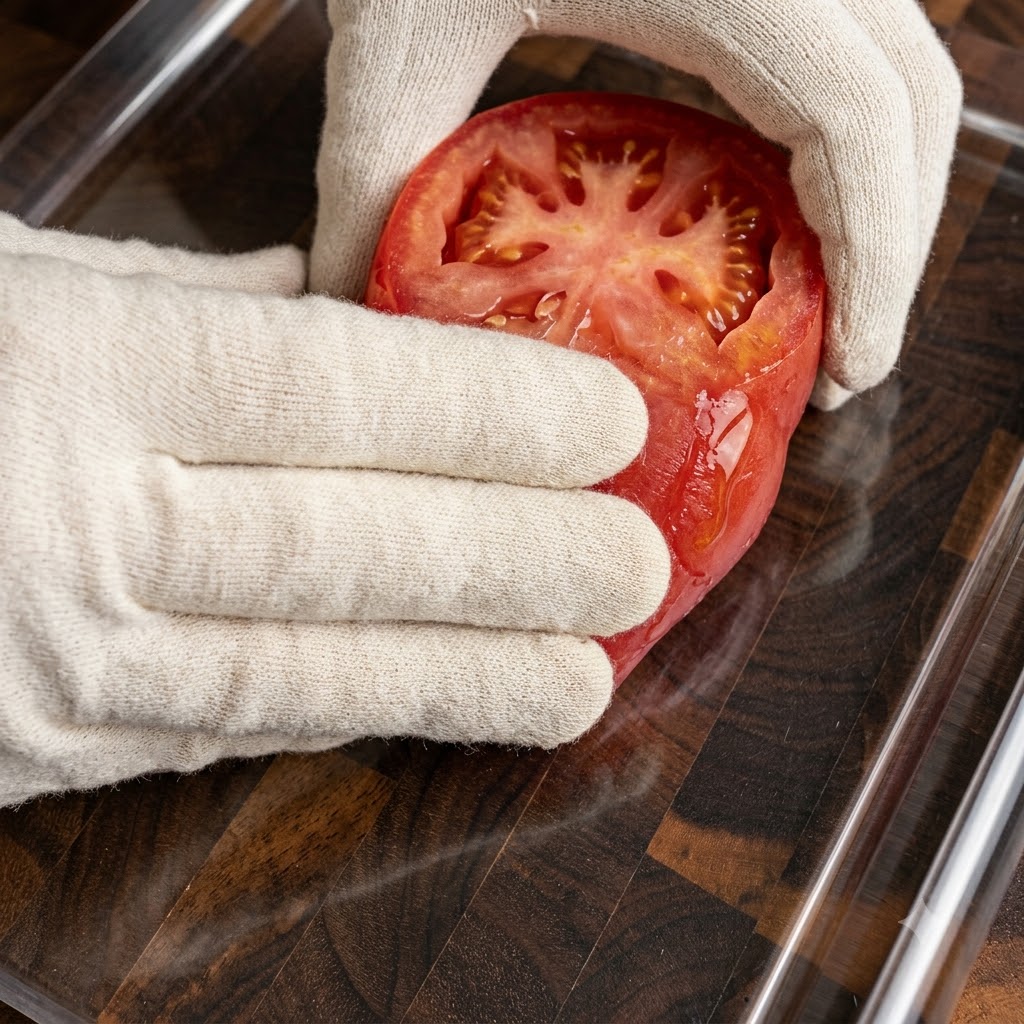 Una mano con guante sosteniendo la preparación de un tomate o pimiento picado sobre una fuente para horno de vidrio transparente.