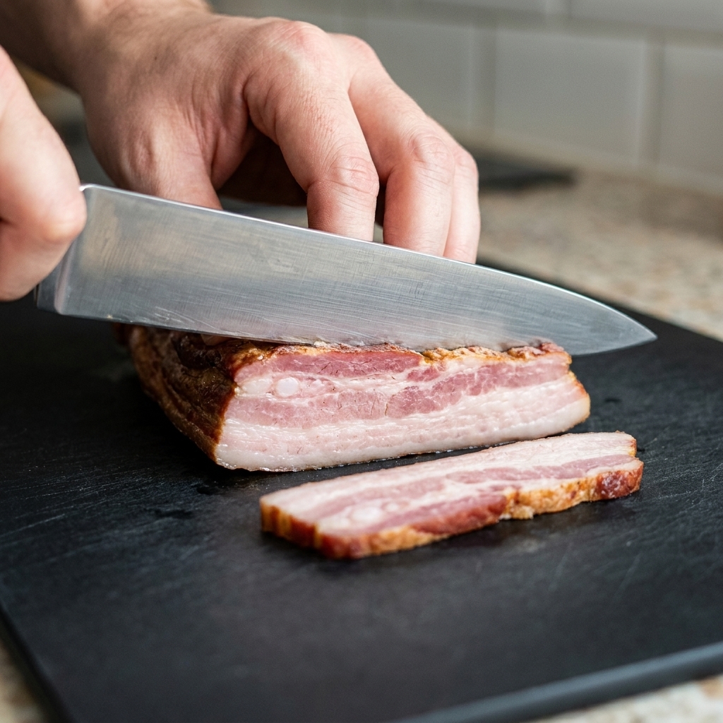 Un cuchillo de chef cortando un trozo de panceta de cerdo curada o cebolla en una tabla de cortar negra.