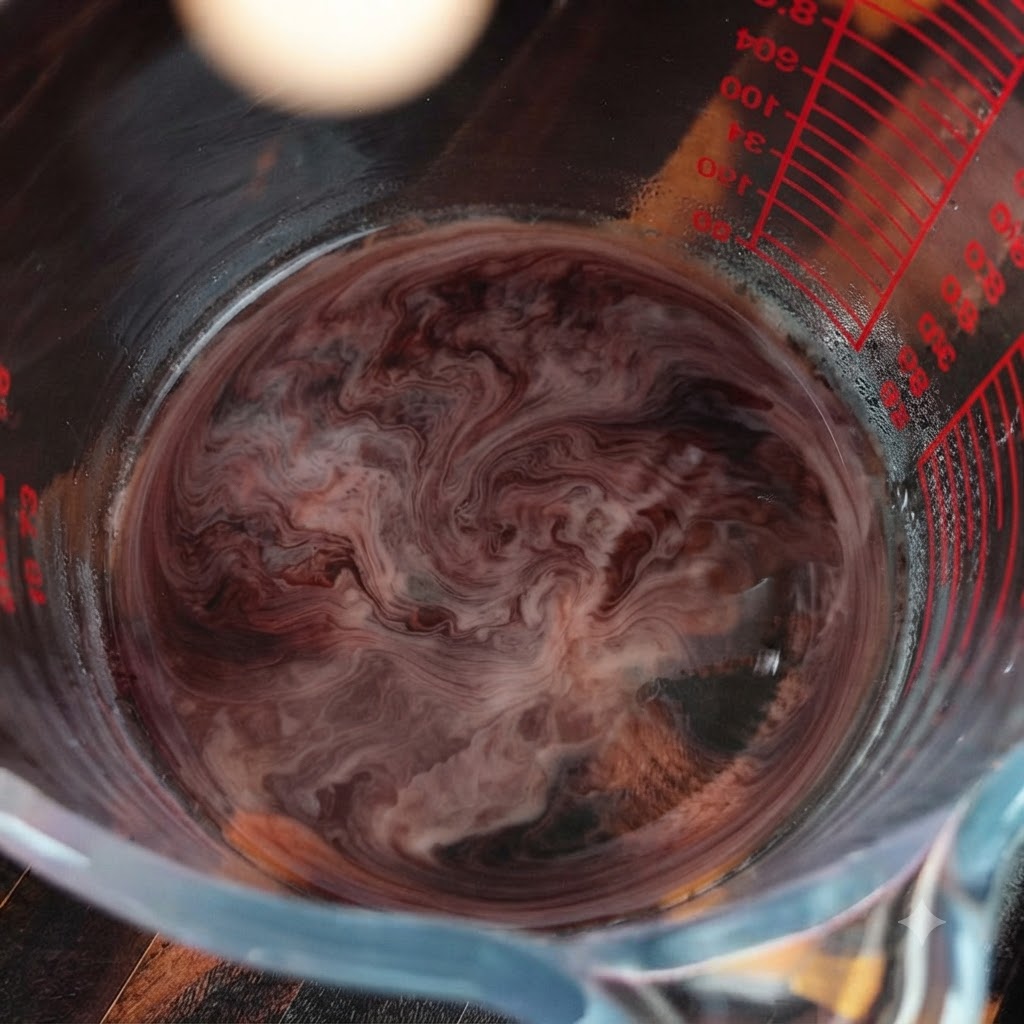 Un vaso medidor que contiene una mezcla arremolinada de líquido oscuro y elementos cremosos.