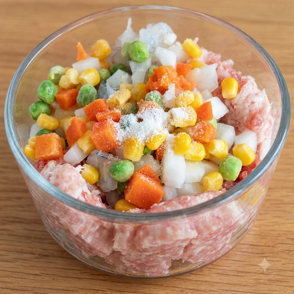 Una vista de cerca de un tazón de vidrio lleno de carne picada, zanahorias en cubos, guisantes, maíz y cebollas, con condimentos y fécula de maíz espolvoreados encima.
