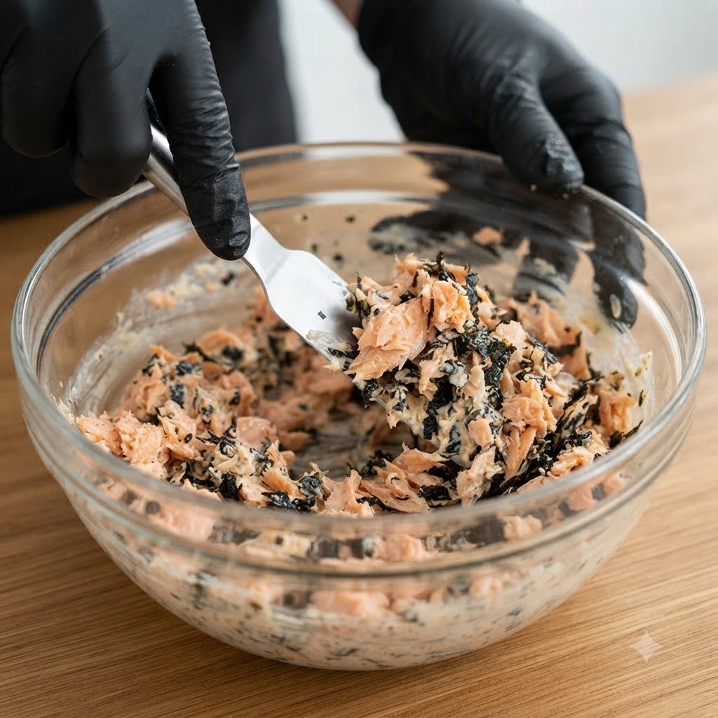 Un par de manos con guantes usando una espátula para mezclar ingredientes de salmón y algas dentro de un tazón de vidrio.