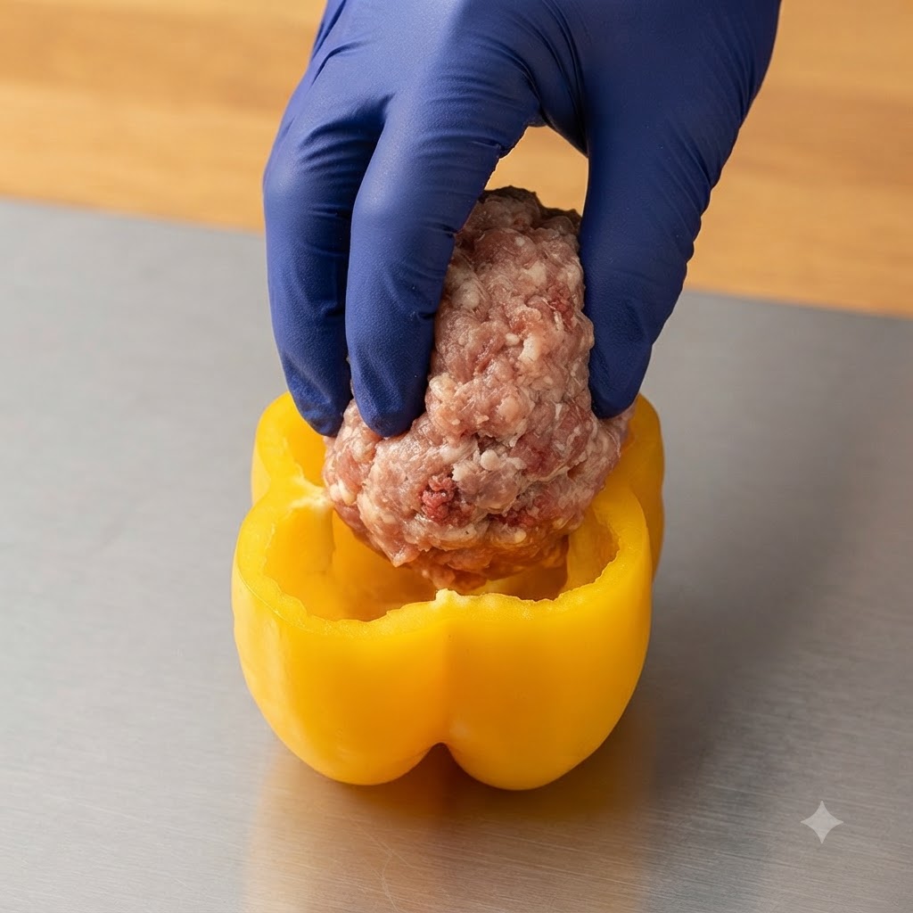 Una mano con un guante azul colocando una porción de carne picada sazonada en un cuenco de pimiento amarillo hueco.