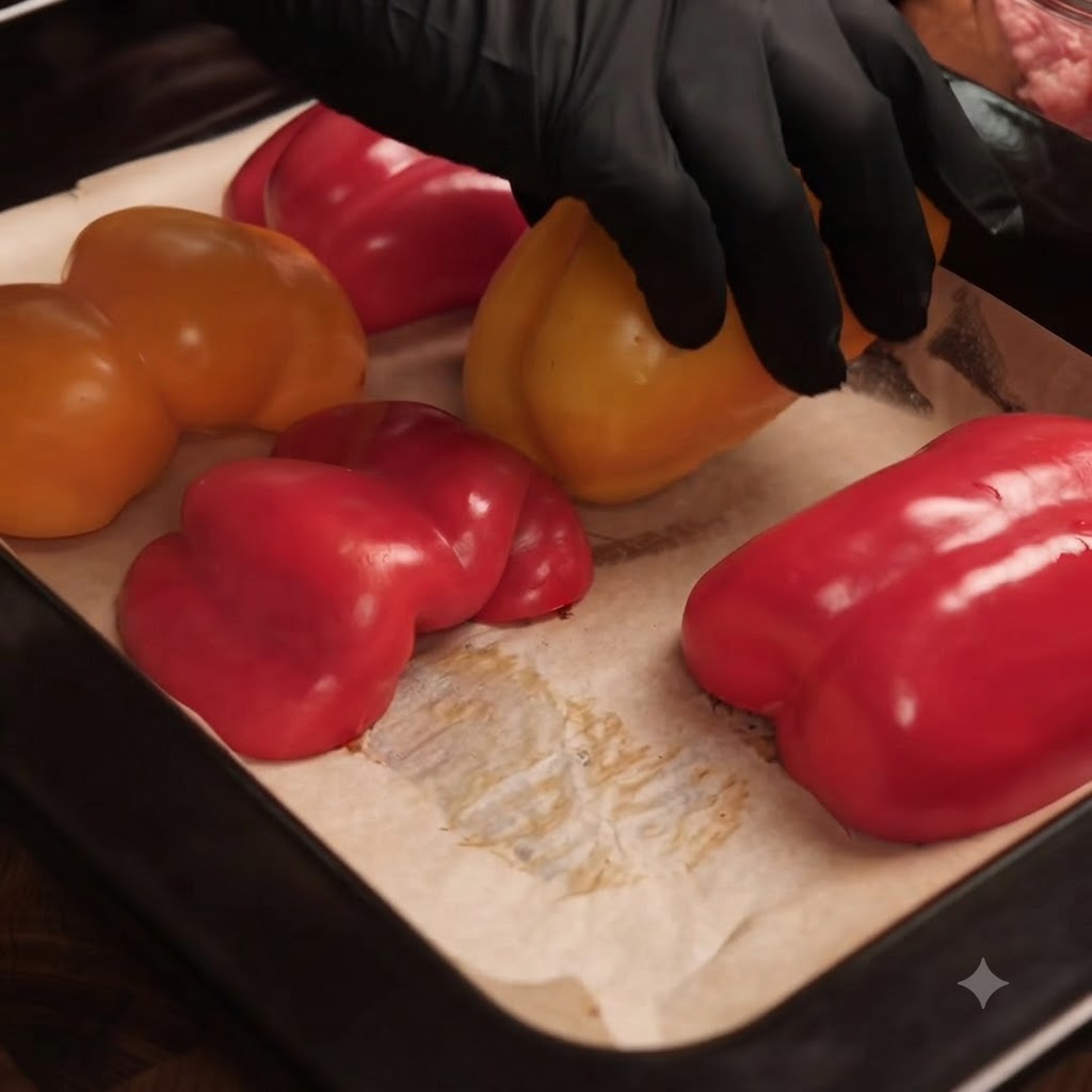 Pimientos untados con aceite colocados en una bandeja de horno con papel de hornear.