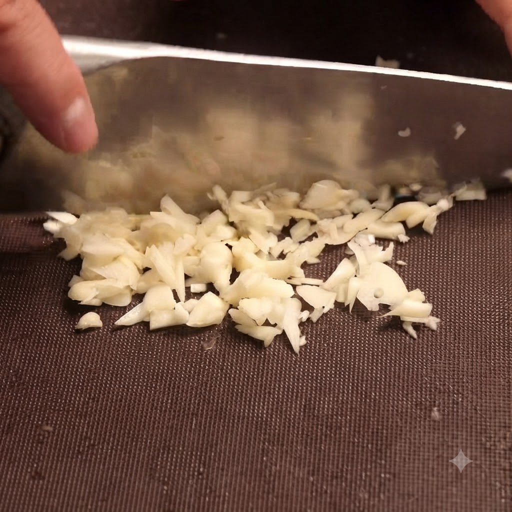 Cebolla y ajo picados finamente friéndose en una sartén caliente mientras se remueven con una espátula.