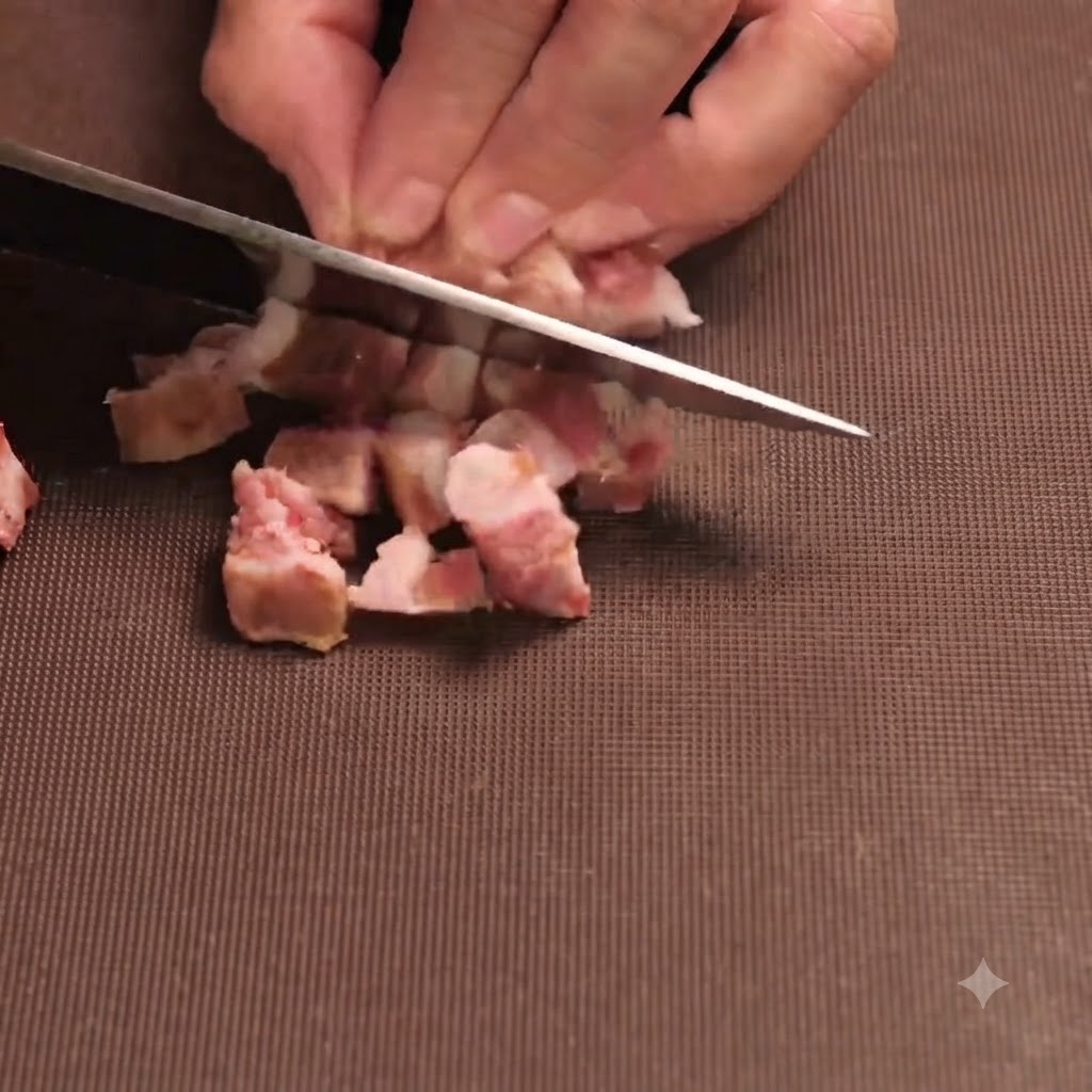 Trozos pequeños de salchicha mezclándose con los aromáticos sofritos en una sartén.