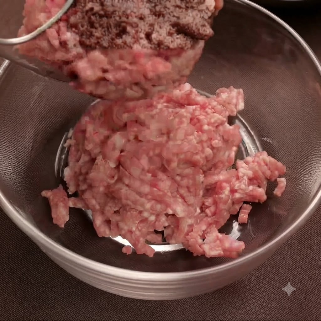 Carne picada de cerdo y ternera combinadas en un bol de cristal.