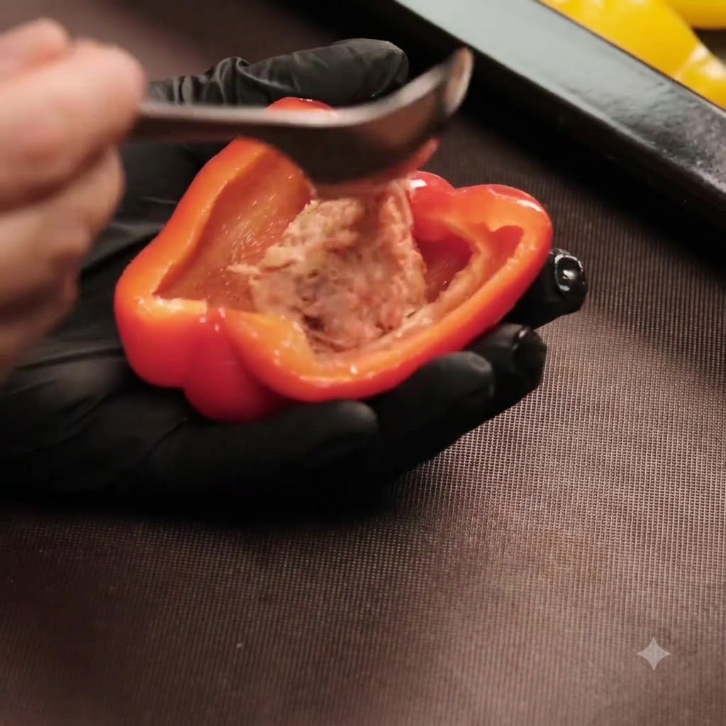 Una mano con guante sosteniendo un medio pimiento rojo mientras lo rellena de carne con una cuchara.