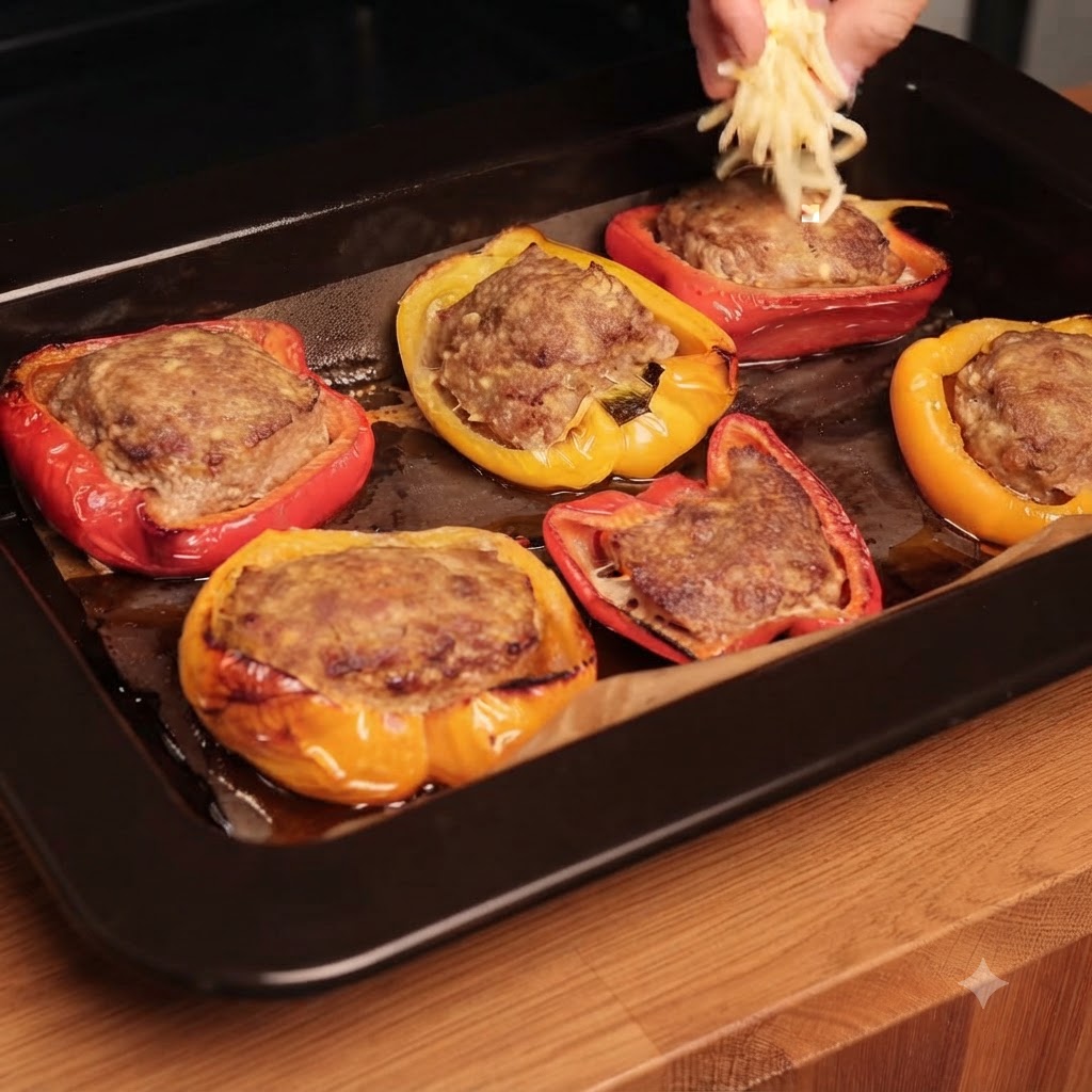 Queso rallado espolvoreado a mano sobre una bandeja de pimientos rellenos horneados.