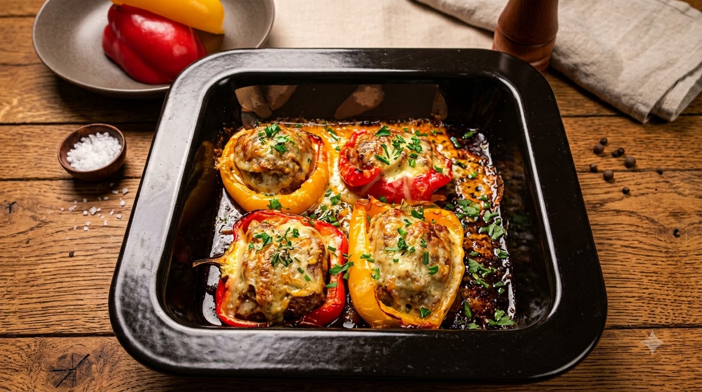 Pimientos rellenos de carne jugosa y queso fundido