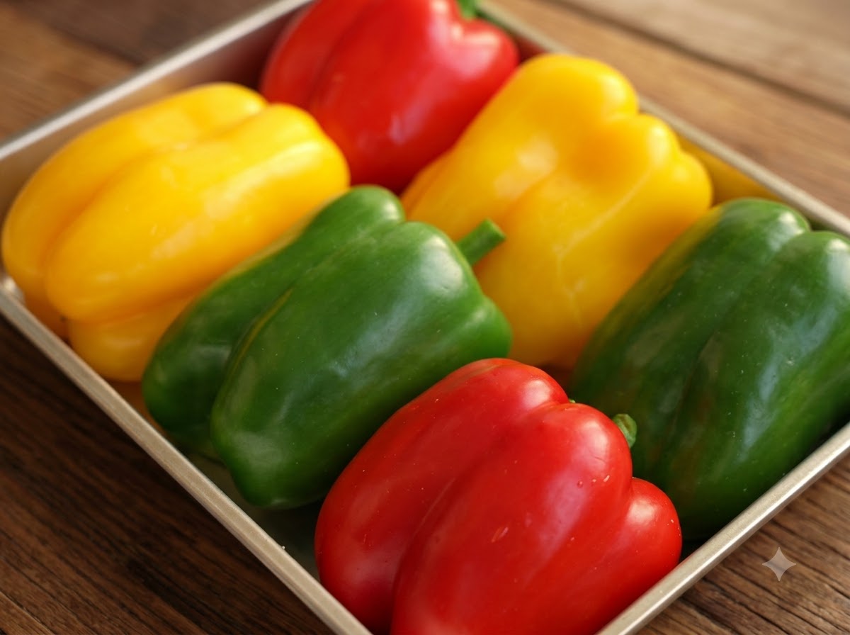 Una bandeja metálica con pimientos coloridos mientras se les unta aceite de oliva.