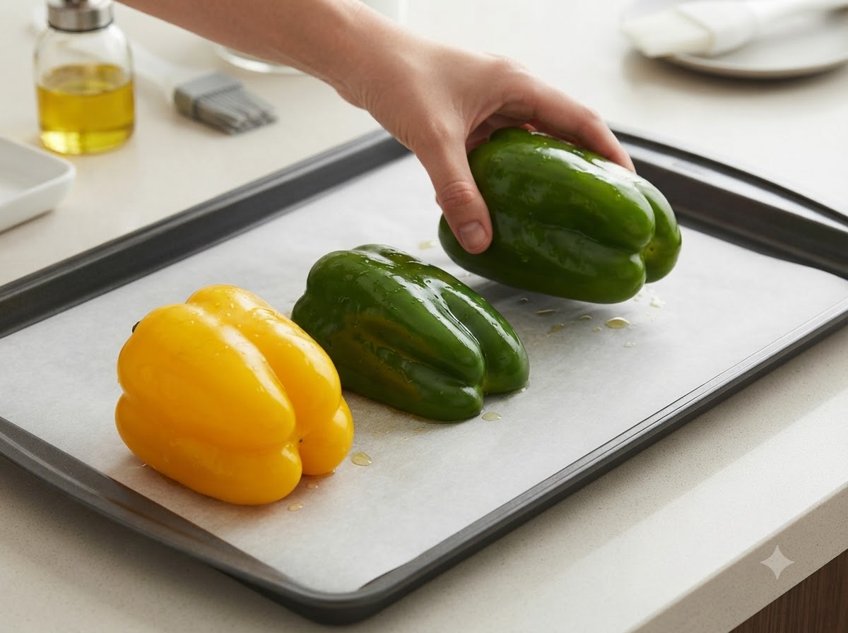 Pimientos colocados en una bandeja de horno forrada con papel pergamino.