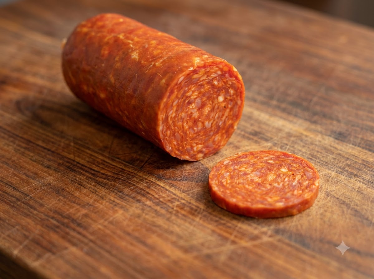 Un cuchillo cortando un rollo de salchicha picante en rodajas sobre una tabla de cortar de madera.