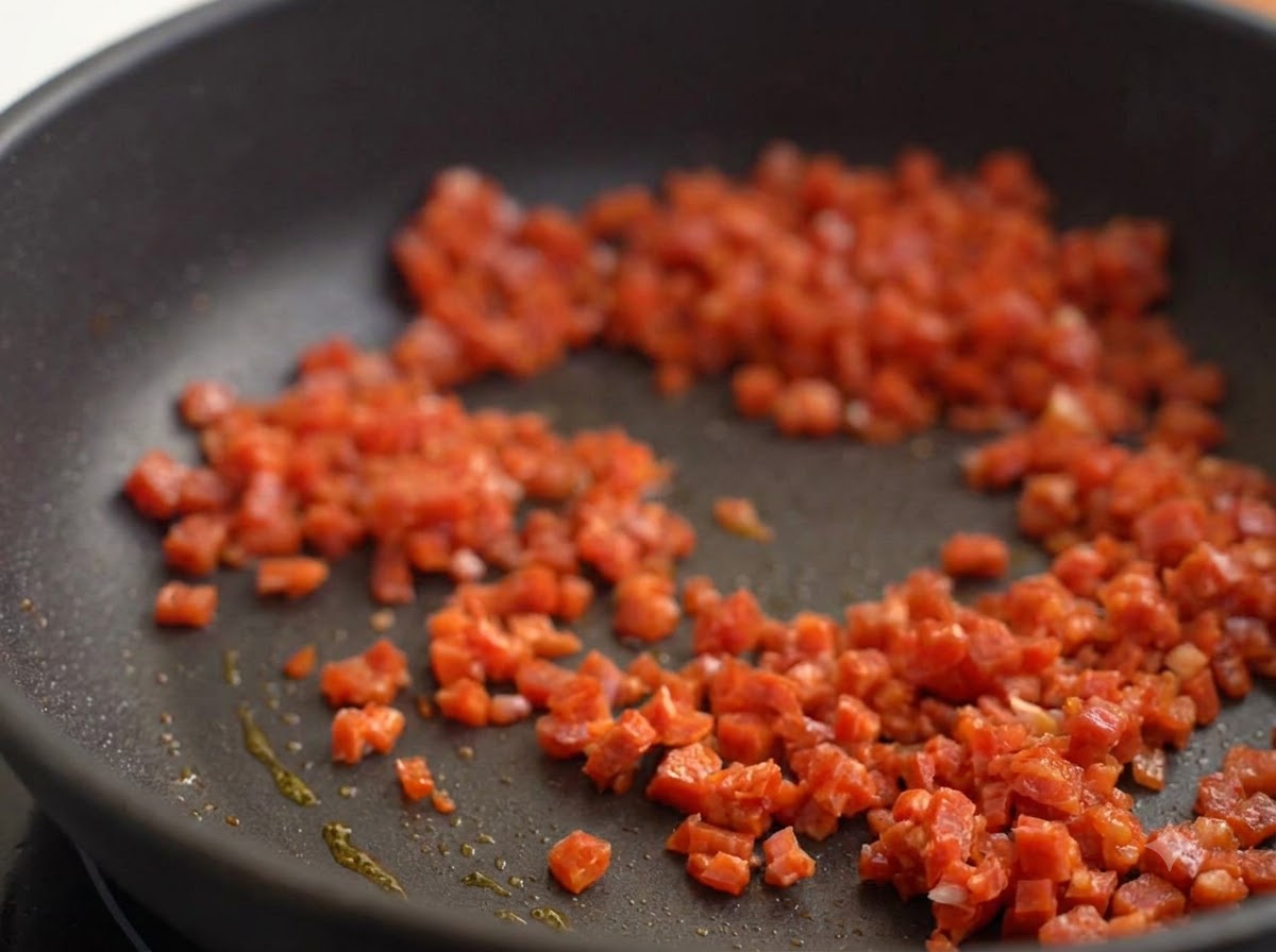 Salchicha picante en dados chisporroteando en una sartén con aceite de oliva.