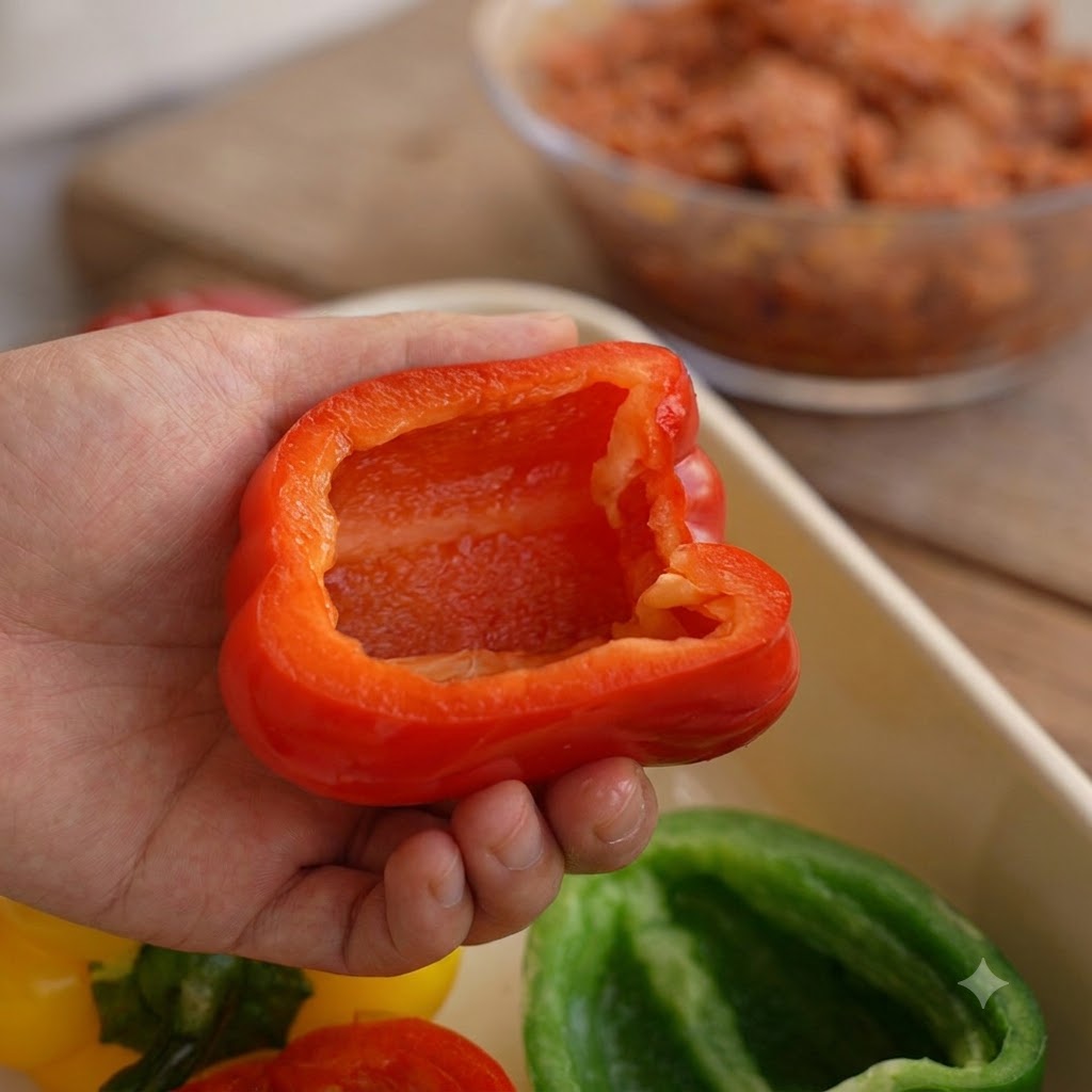 Una mano sosteniendo un pimiento rojo hueco listo para rellenar, con un bol de relleno de carne al fondo.