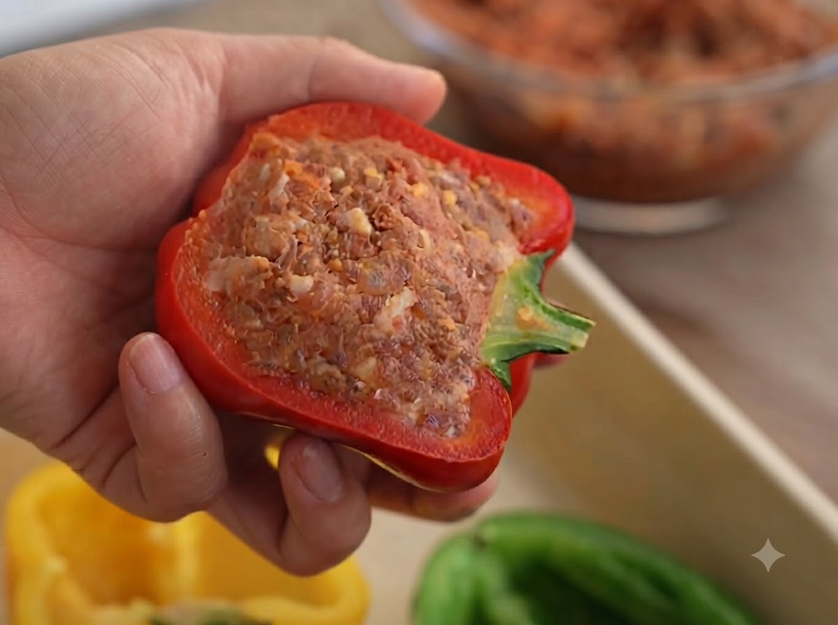Una vista de cerca de un pimiento vibrante relleno por completo con carne picada sazonada.