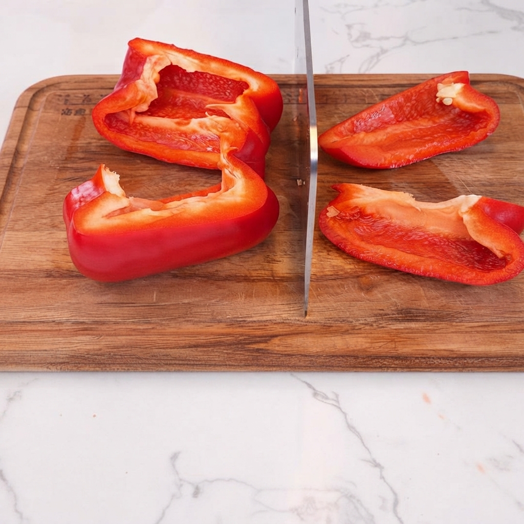 Mitades de pimiento sobre una tabla de cortar de madera al lado de un cuchillo.