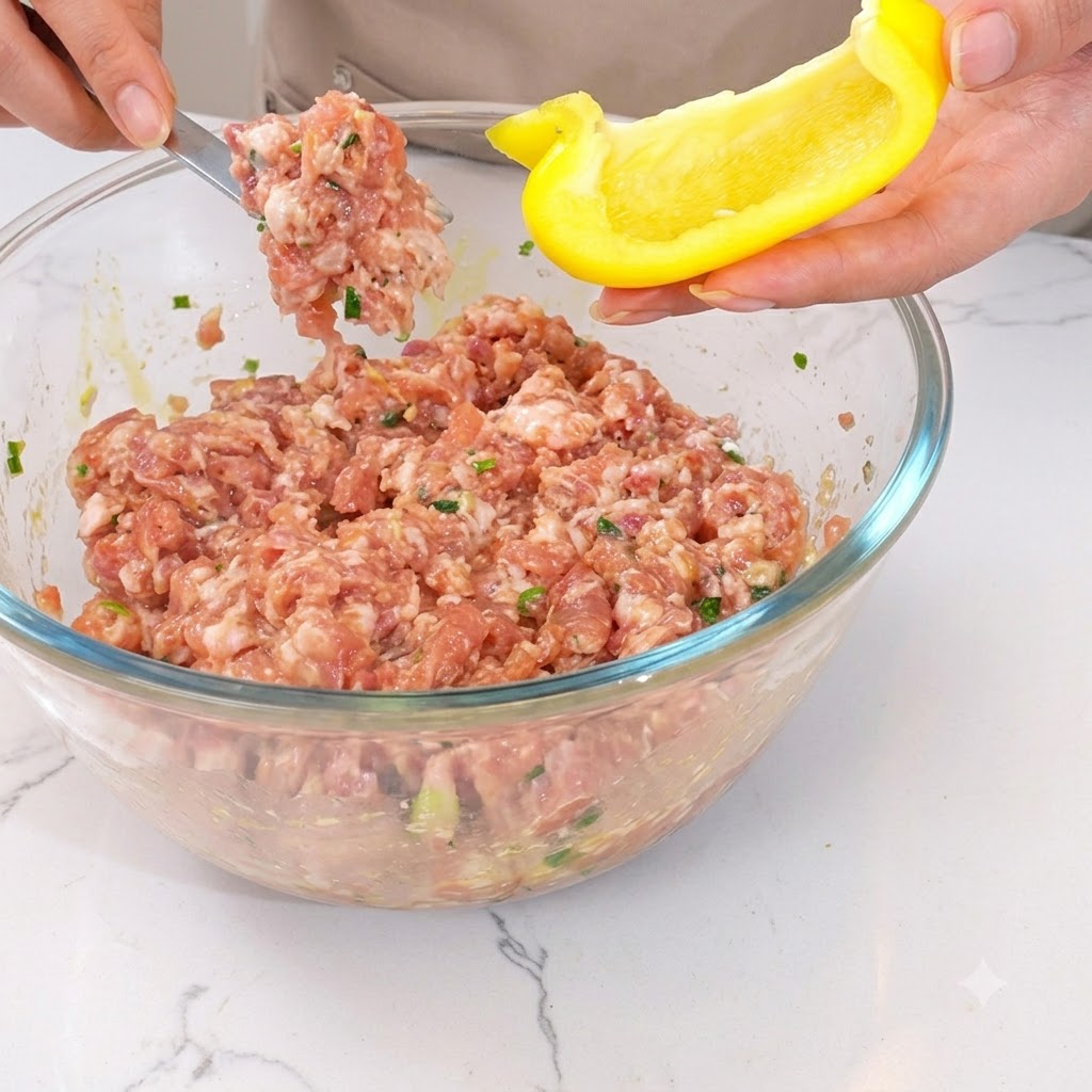 Carne picada siendo introducida en una mitad de pimiento amarillo usando utensilios.