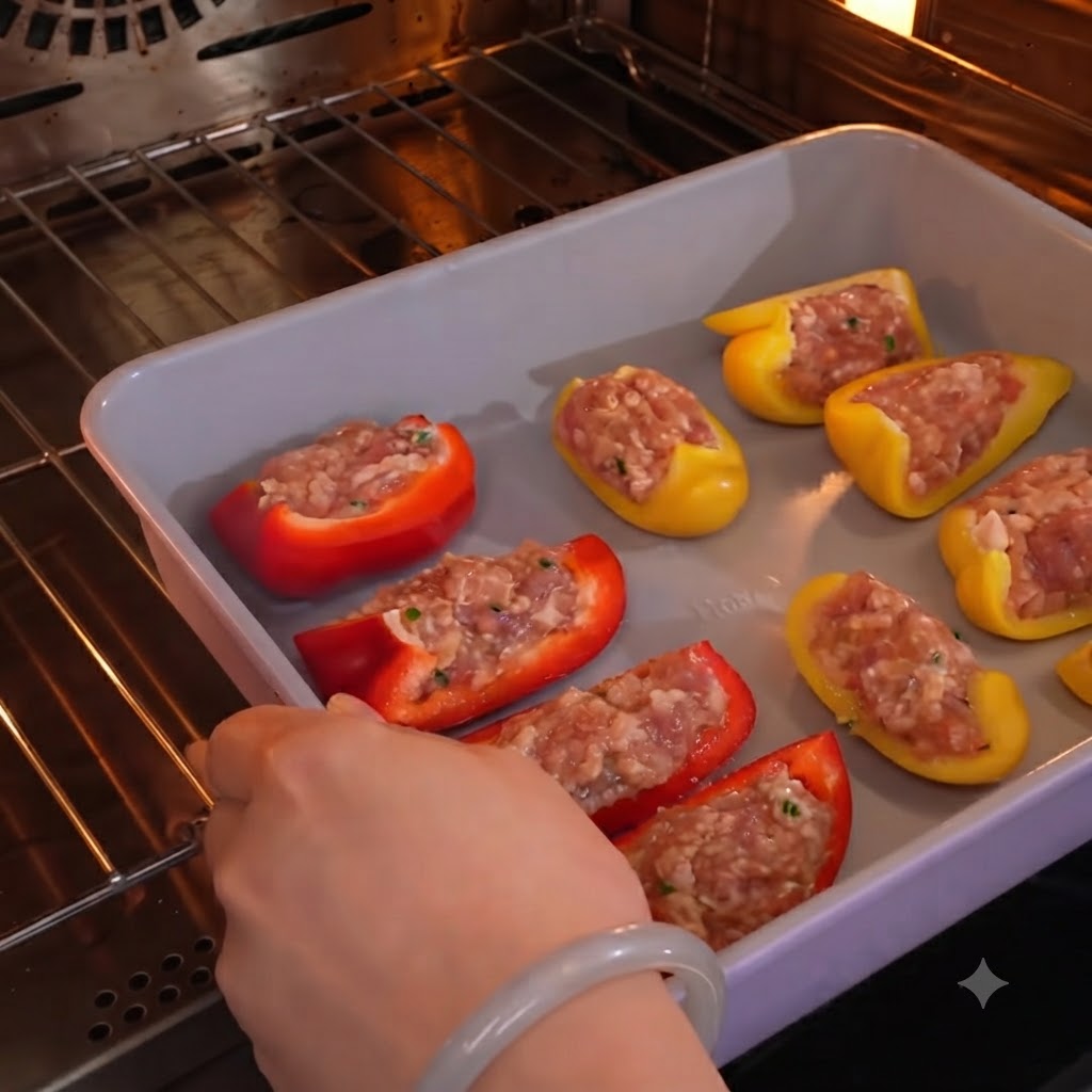 Una bandeja de horno llena de mitades de pimiento relleno siendo introducida en la rejilla del horno.