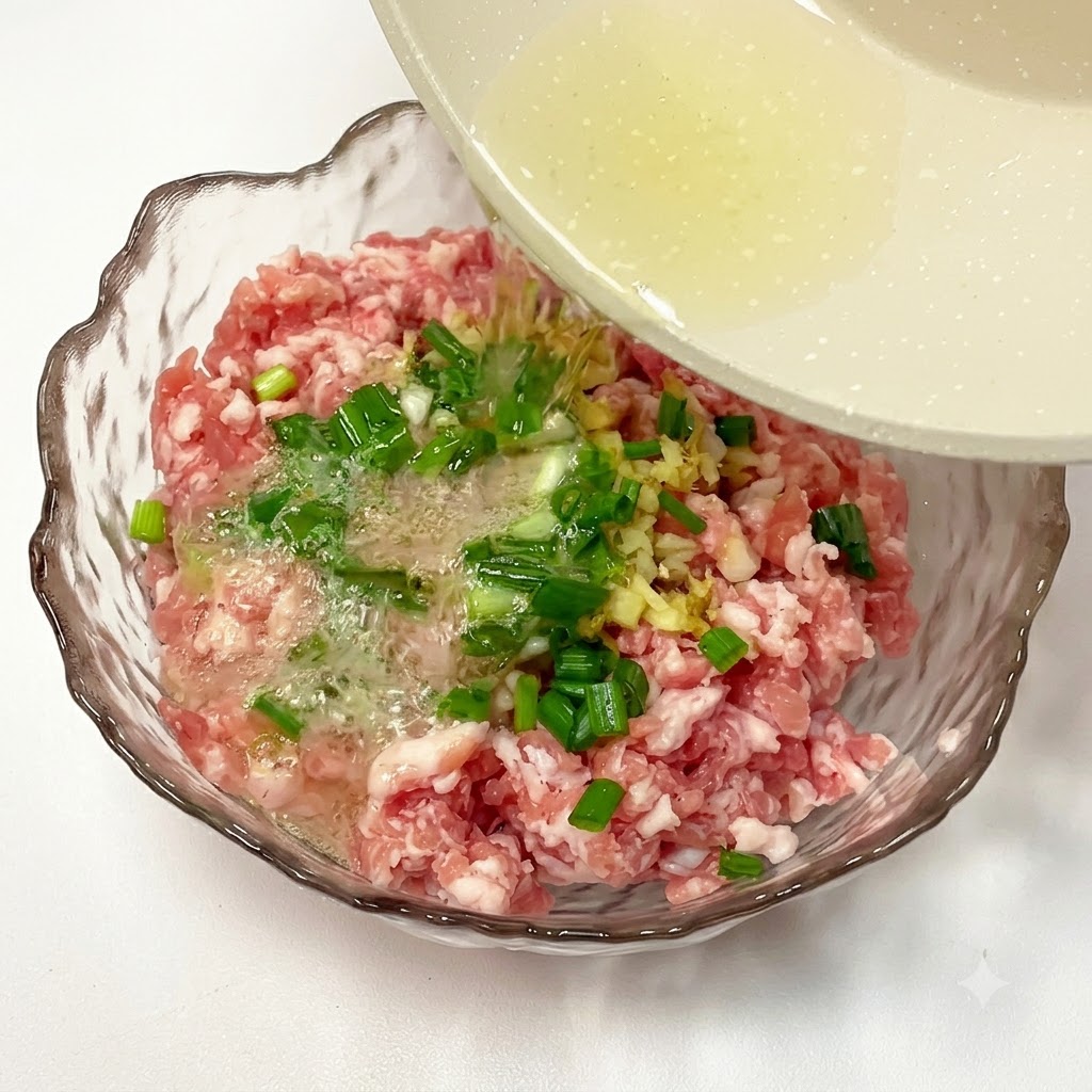 Aceite caliente siendo vertido sobre la cebolla verde y el jengibre encima de la carne picada.