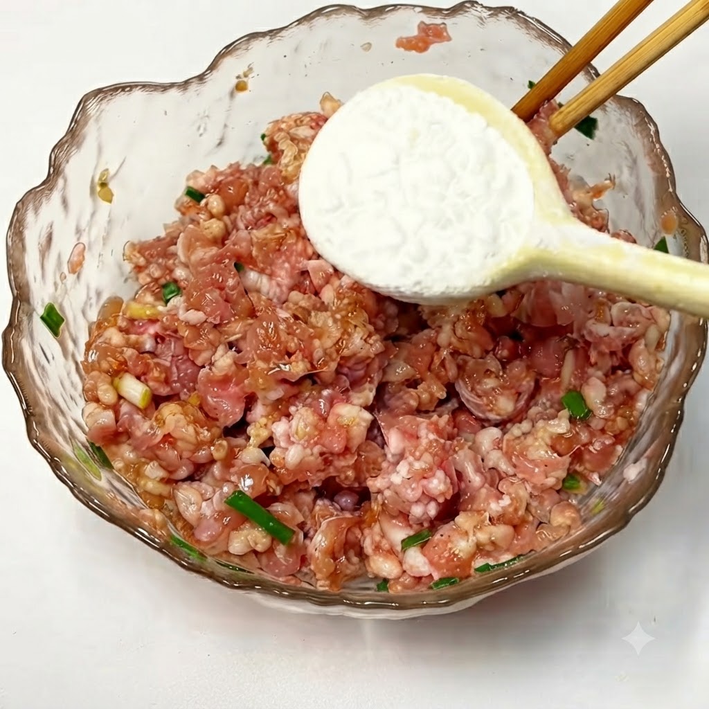 Fécula siendo añadida y mezclada en la carne picada usando palillos.