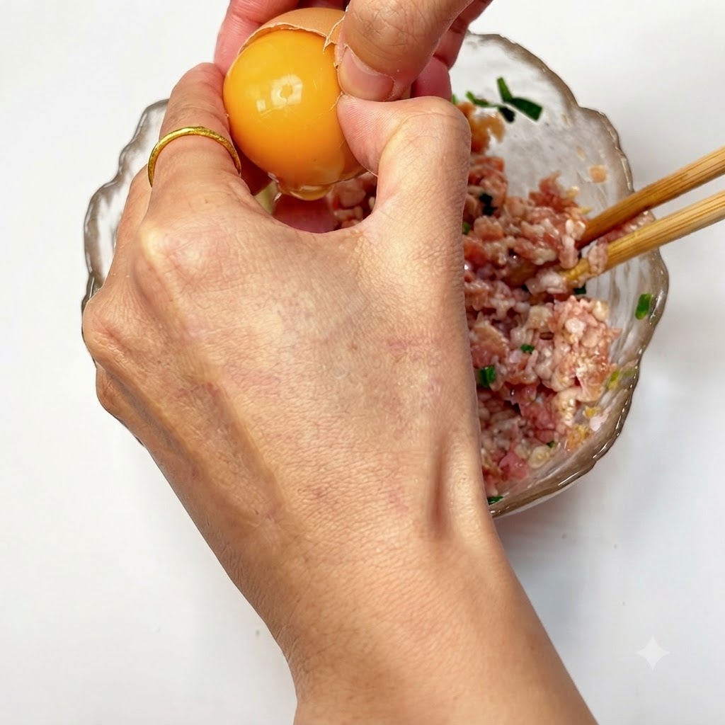 Un huevo siendo cascado sobre el bol de carne picada.