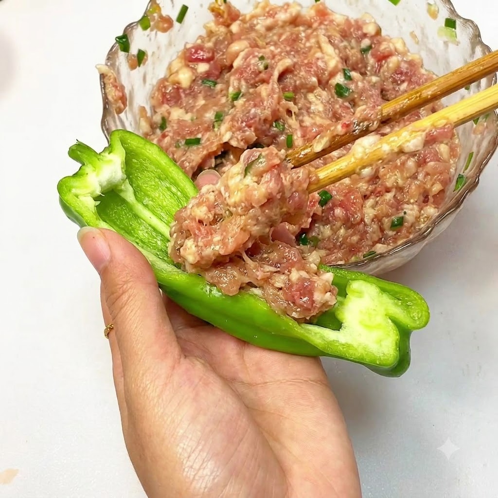 Relleno de carne picada siendo introducido en un pimiento verde cortado por la mitad.