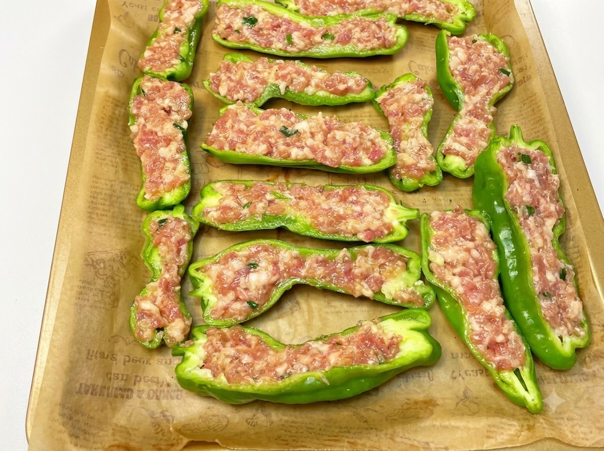 Pimientos verdes rellenos dispuestos en una bandeja de horno forrada con papel de hornear.