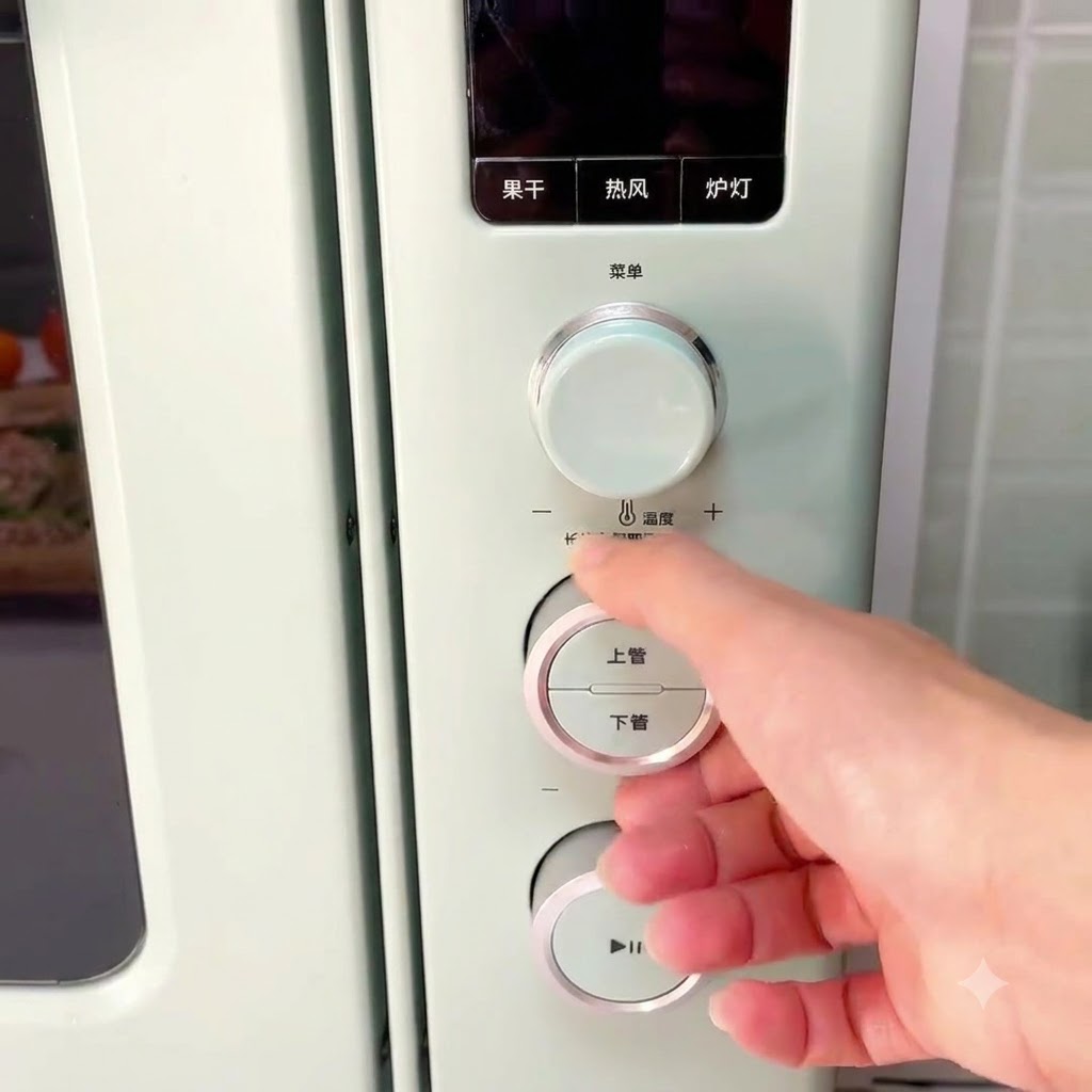 Primer plano de una mano ajustando los controles de temperatura en un panel de control de horno verde.