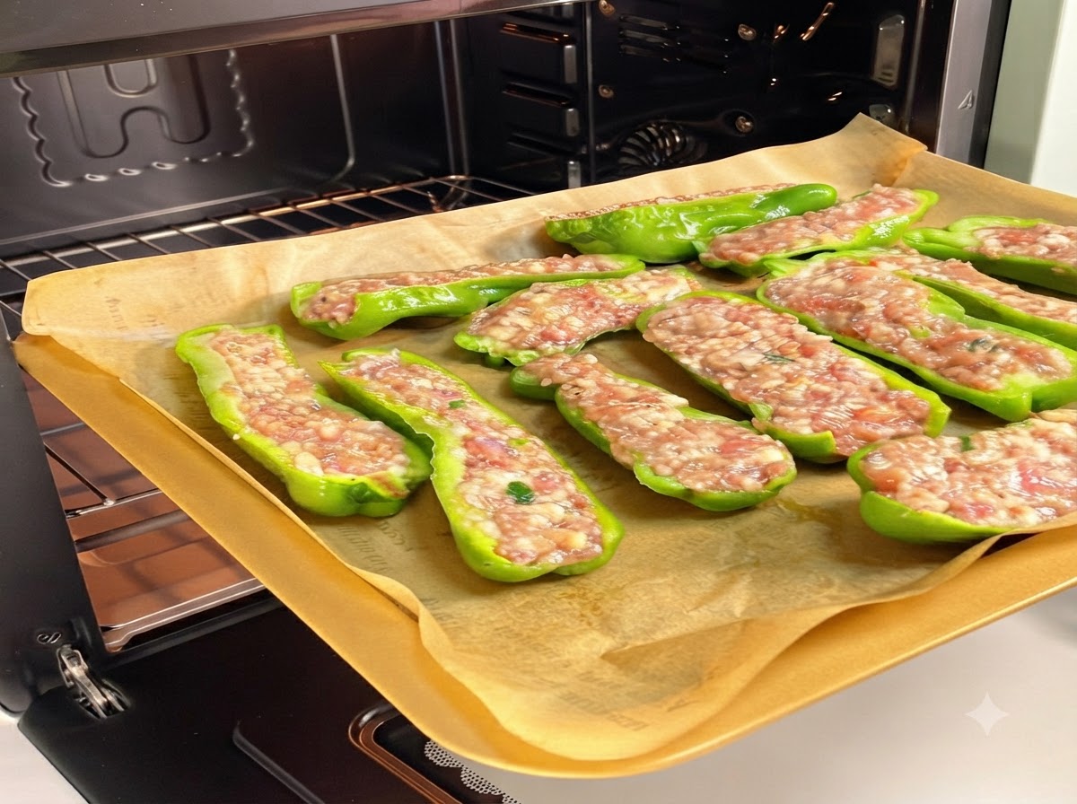 Una bandeja de horno llena de pimientos verdes rellenos siendo introducida en la rejilla dentro de un horno.