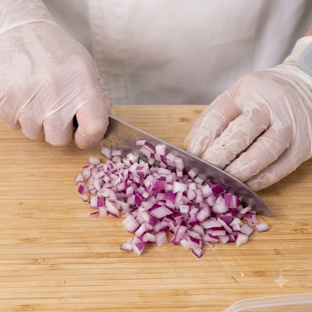 Trozo de cebolla roja picada finamente dispuesta en una tabla de cortar de madera.