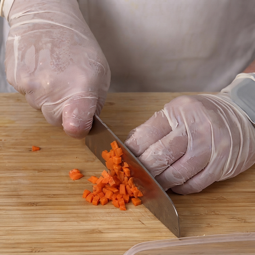 Pequeños cubos de zanahoria amontonados en una tabla de cortar de madera.
