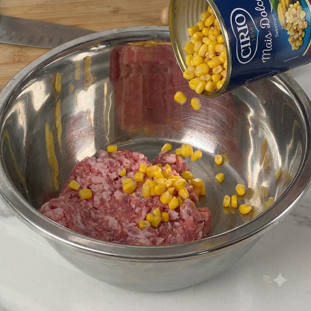 Granos de maíz dulce vertidos desde una lata en un recipiente de acero inoxidable con carne picada cruda.