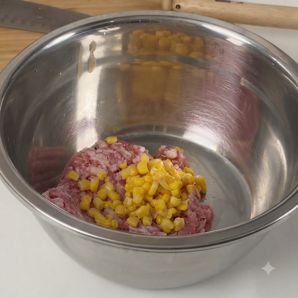 Un tazón de mezclar de acero inoxidable lleno de carne picada cruda y granos de maíz tierno.