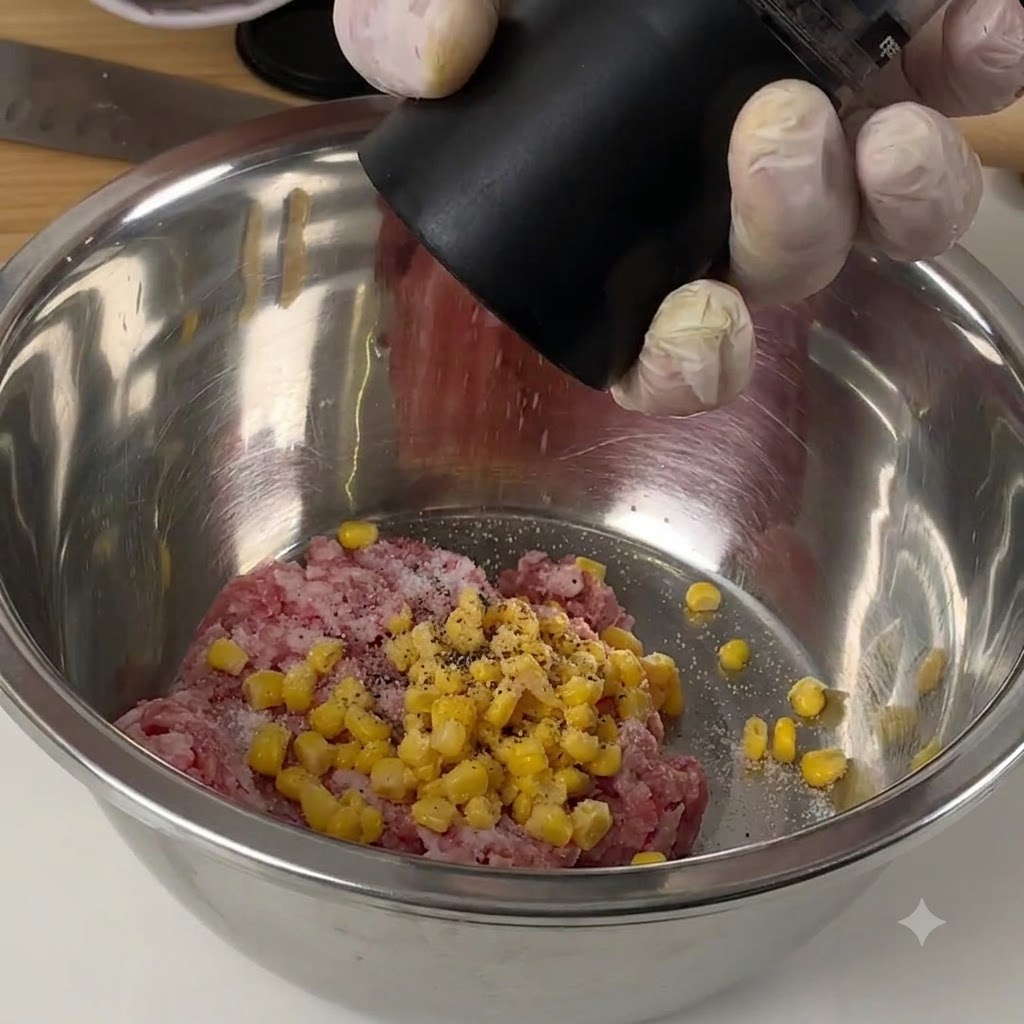 Un molinillo de pimienta dispensando pimienta negra sobre carne picada y maíz en un tazón de metal.