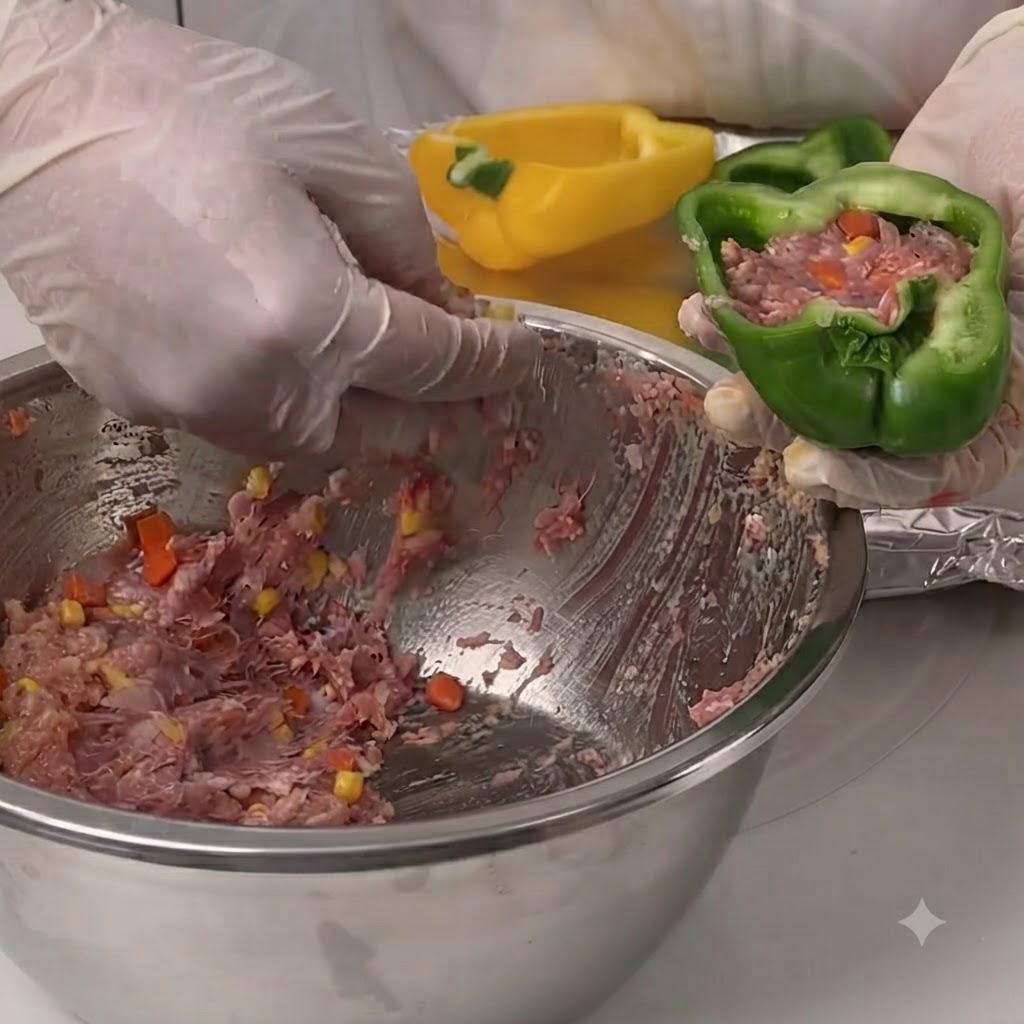 Una mano con guante colocando relleno de carne en la mitad de un pimiento verde ahuecado.