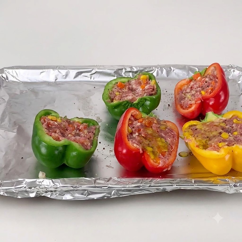 Pimientos rellenos de color rojo, verde y amarillo dispuestos en una bandeja para hornear forrada con papel aluminio y aceite de oliva rociado encima.