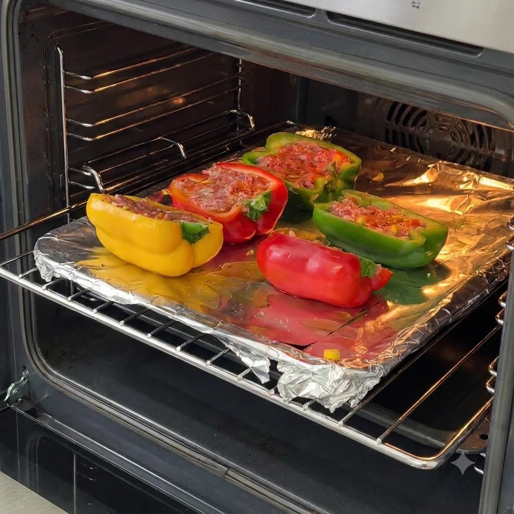 Una bandeja para hornear con pimientos rellenos siendo colocada dentro de la rejilla del horno.