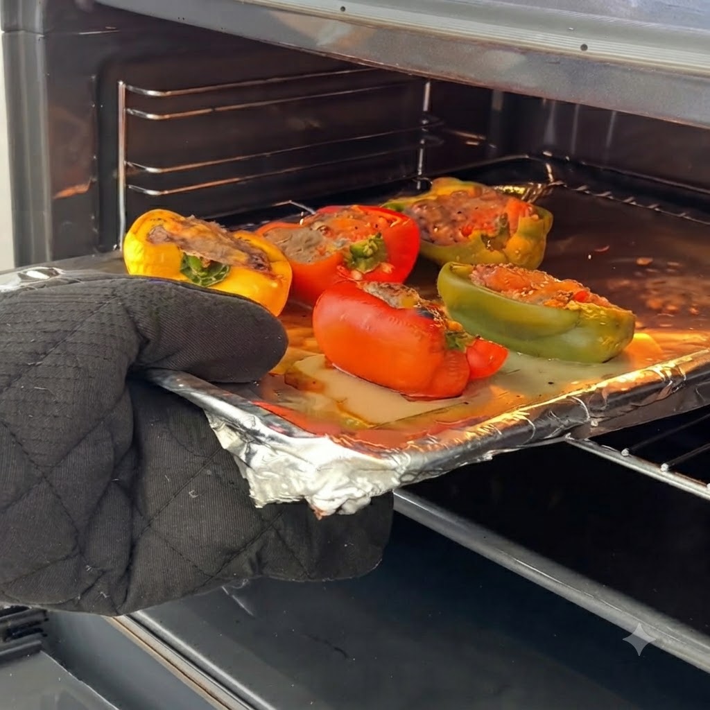 Un guante de cocina sacando una bandeja de pimientos rellenos parcialmente horneados del horno.