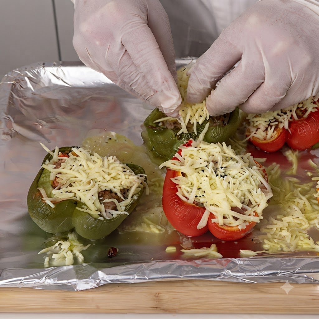 Manos con guantes esparciendo queso mozzarella rallado sobre pimientos rellenos verdes y rojos en una bandeja para hornear forrada con papel aluminio.