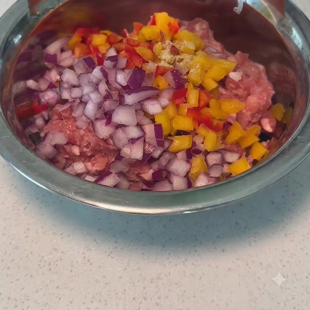 Pimientos rojos y amarillos picados y cebollas moradas añadidos encima de la carne de cerdo picada dentro de un bol de metal.