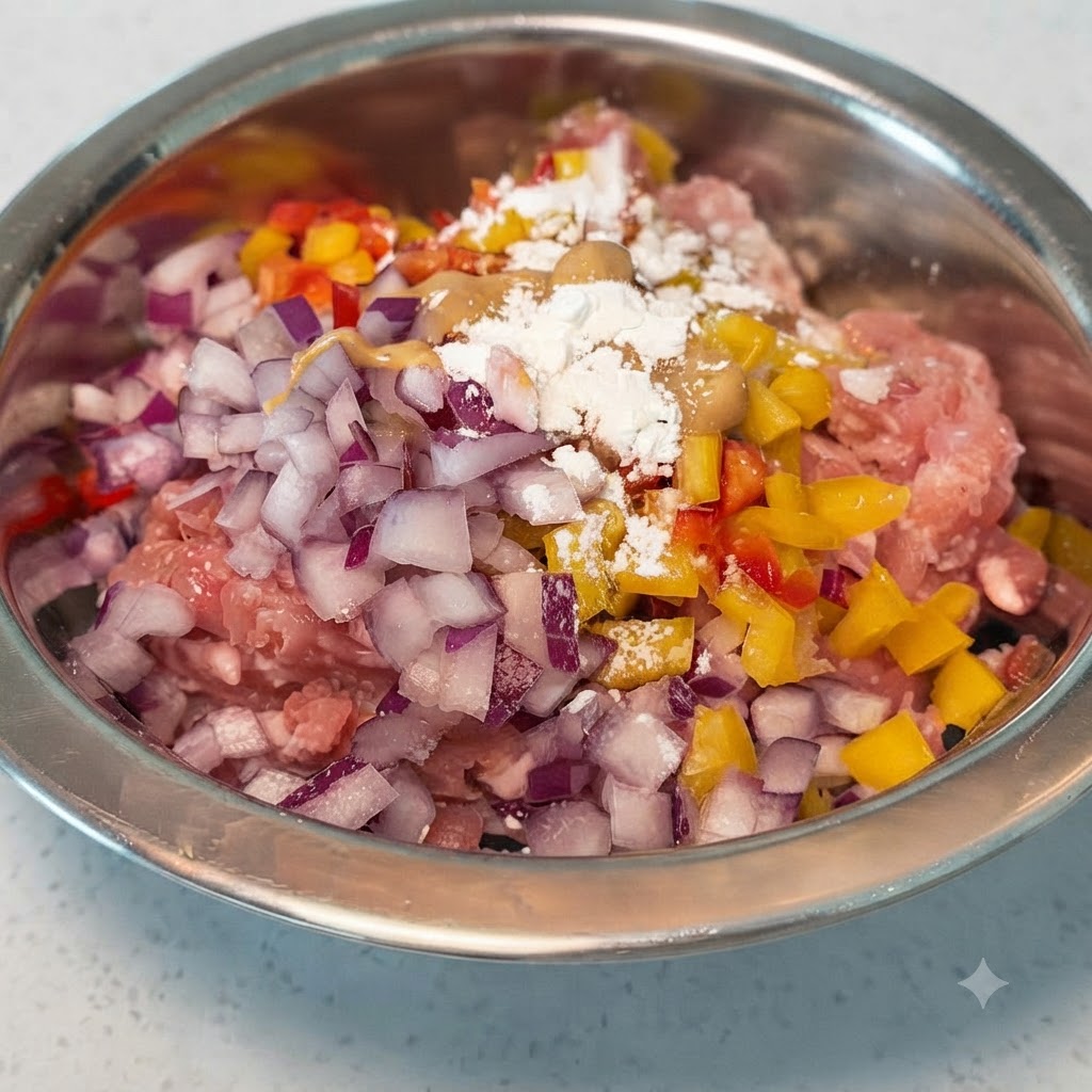 Salsa de soja, mantequilla de maní, comino y almidón de maíz espolvoreados sobre la mezcla de carne y verduras en un bol.