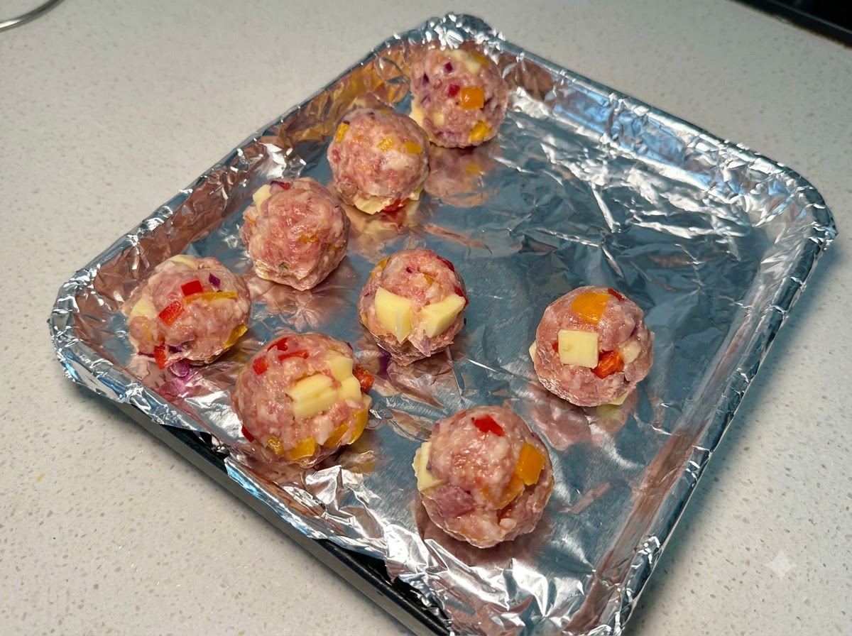 Albóndigas de cerdo y queso formadas dispuestas en una bandeja para hornear forrada con papel de aluminio.