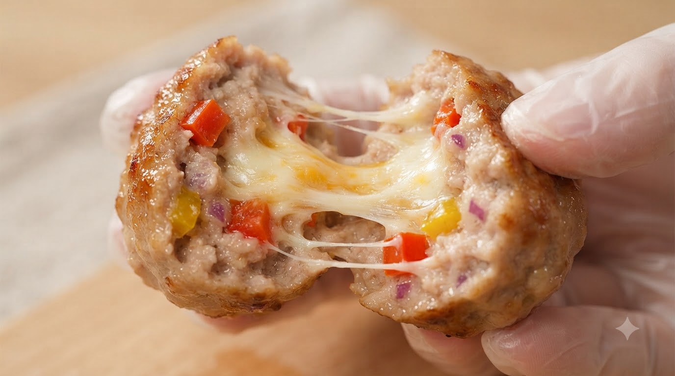 Una albóndiga de cerdo recién cocinada que se abre para revelar un centro de queso fundido y hilado con trozos de pimiento de colores.
