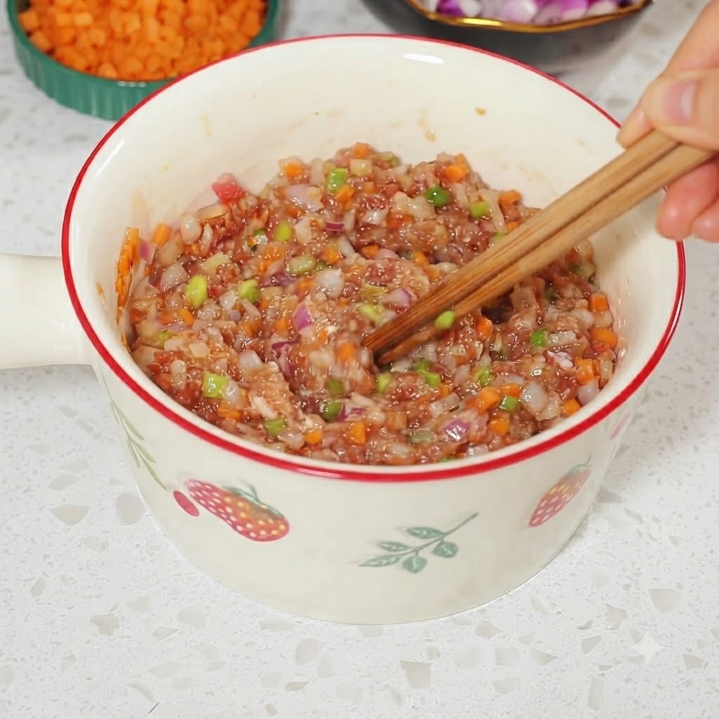 Mezclando a fondo la carne picada, las verduras y los condimentos en el bol usando palillos.