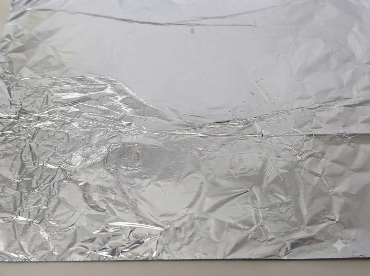 Una hoja de papel de aluminio arrugada en una bandeja de horno untada con aceite de cocina.
