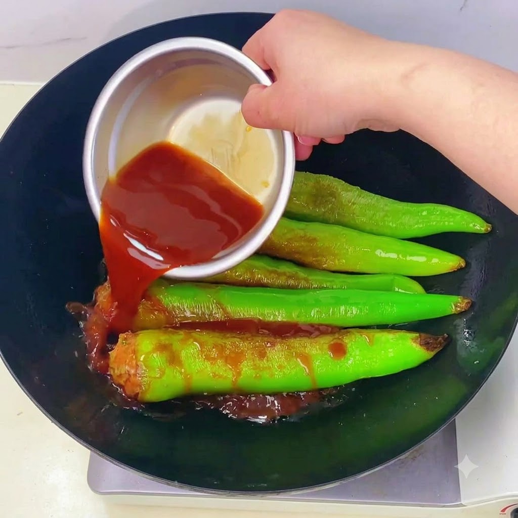 Salsa siendo vertida desde un bol metálico pequeño sobre los pimientos verdes rellenos y fritos dentro del wok.